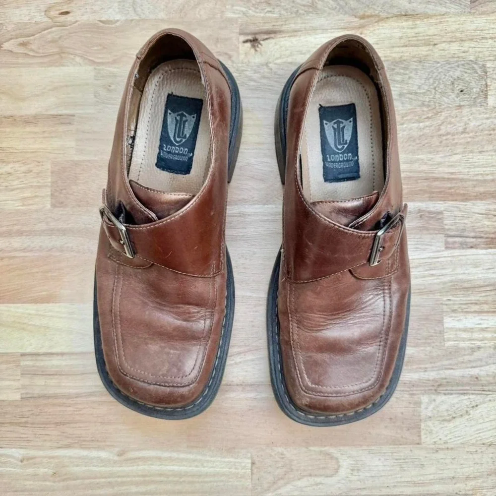 90s‎ Brown Square Toe Belt Buckle Shoe Genuine Leather 8.5